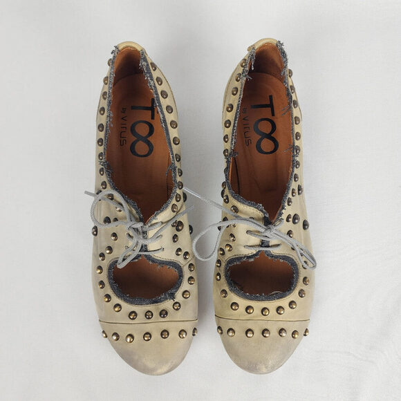 T8 by Virus Taupe Leather Studded Lace Up Low Heel Shoes Size 8.5 - Picture 3 of 7